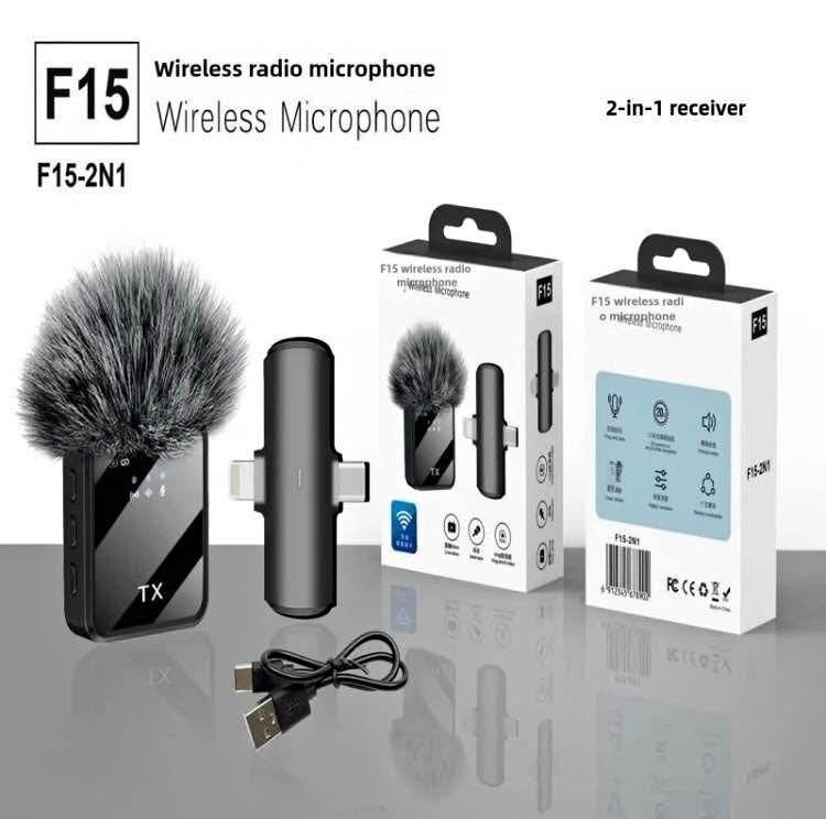 Microphone sans fil F15-2 2 en 1 pour Android et iPhone ( 1 récepteur + 2 émetteurs )