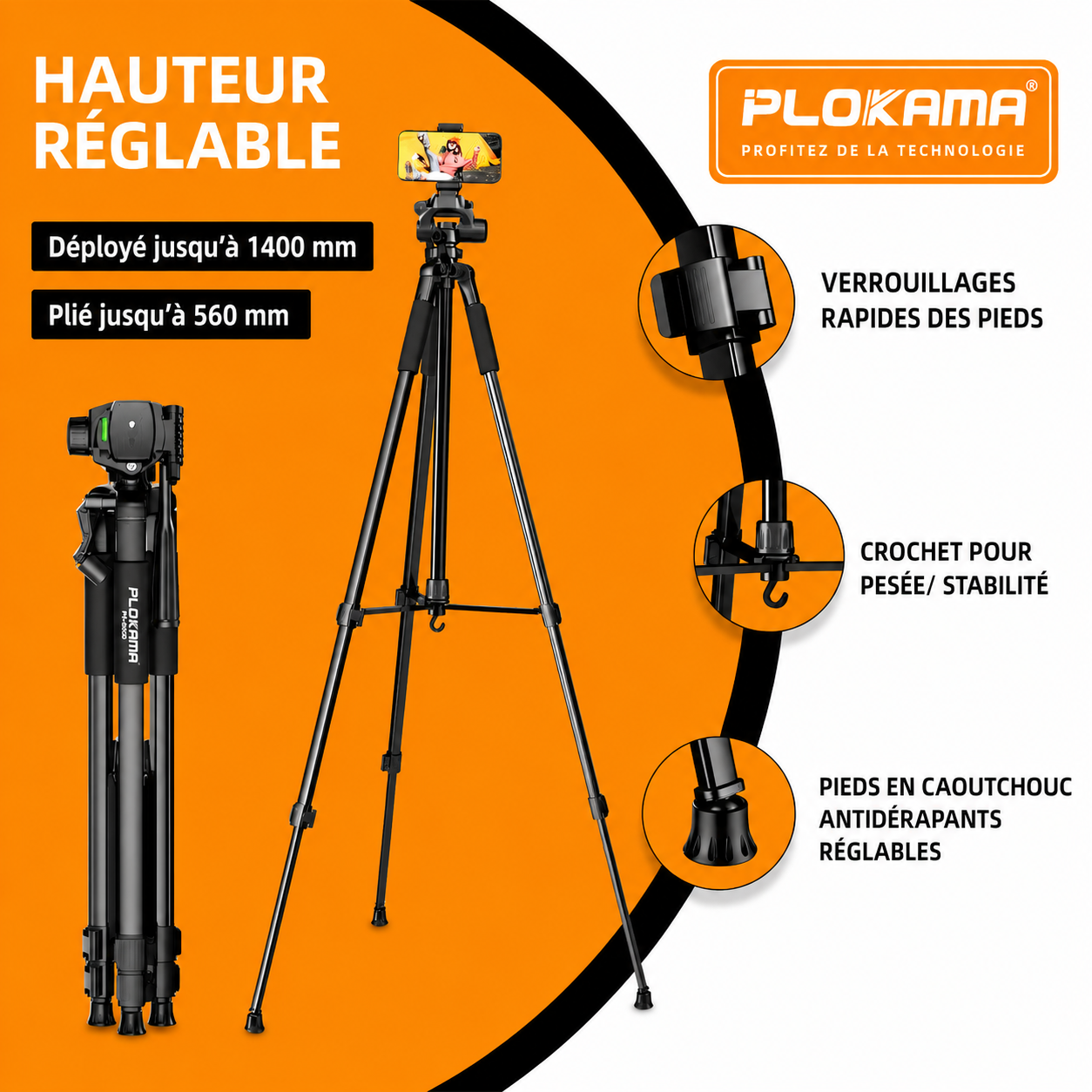 Plokama PK-9950 - Trépied Avec Rotation 360° Pour Caméra & Téléphones Portables